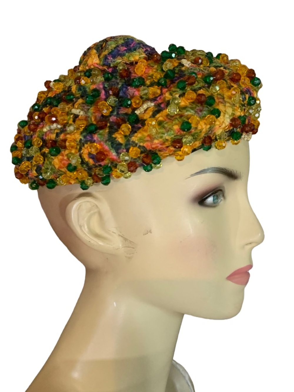VINTAGE CIRCA 1960'S DANCINGER MULTI COLOR BEADED BEANIE STYLE HAT